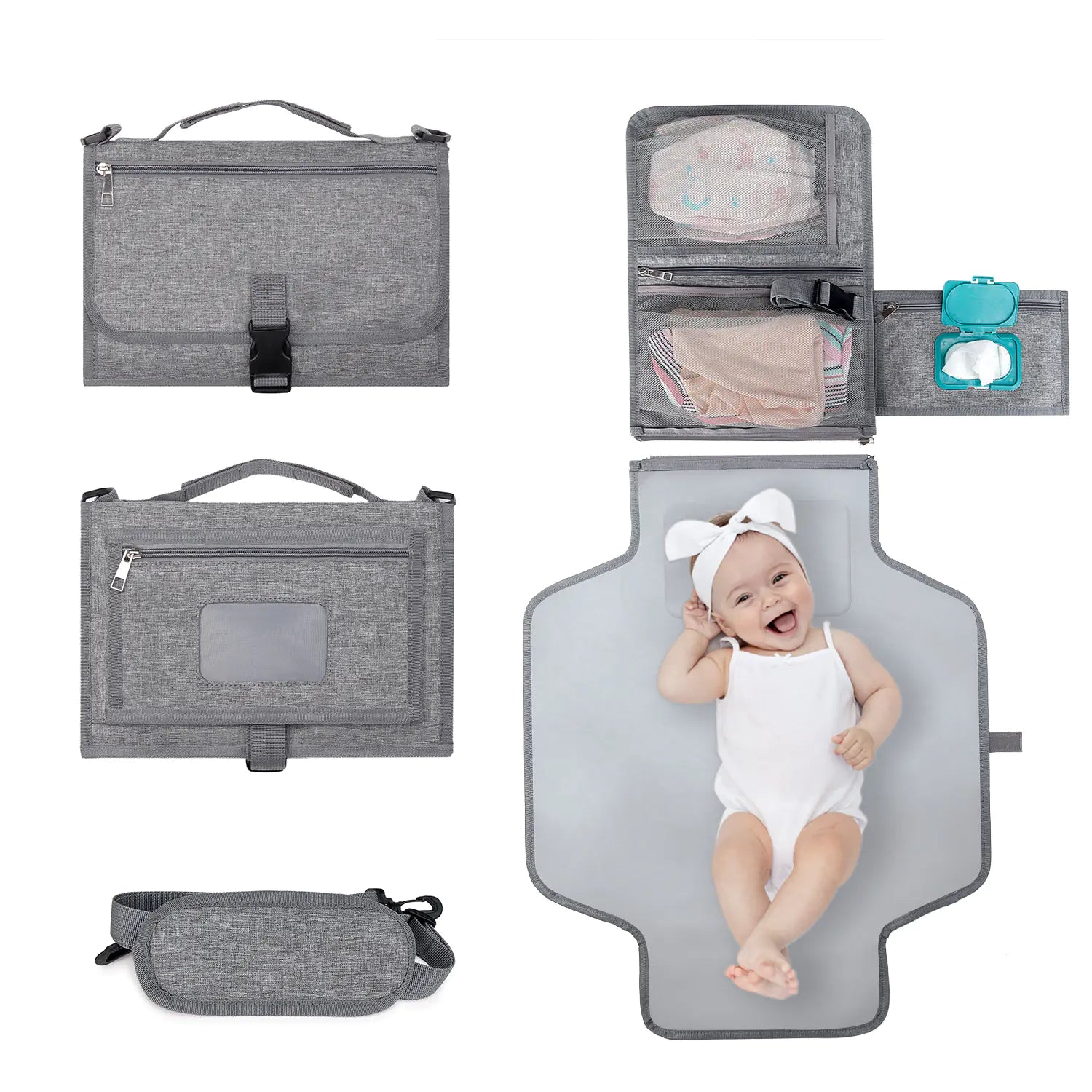 Portable Baby Changing Pad with Shoulder Strap & Pocket
