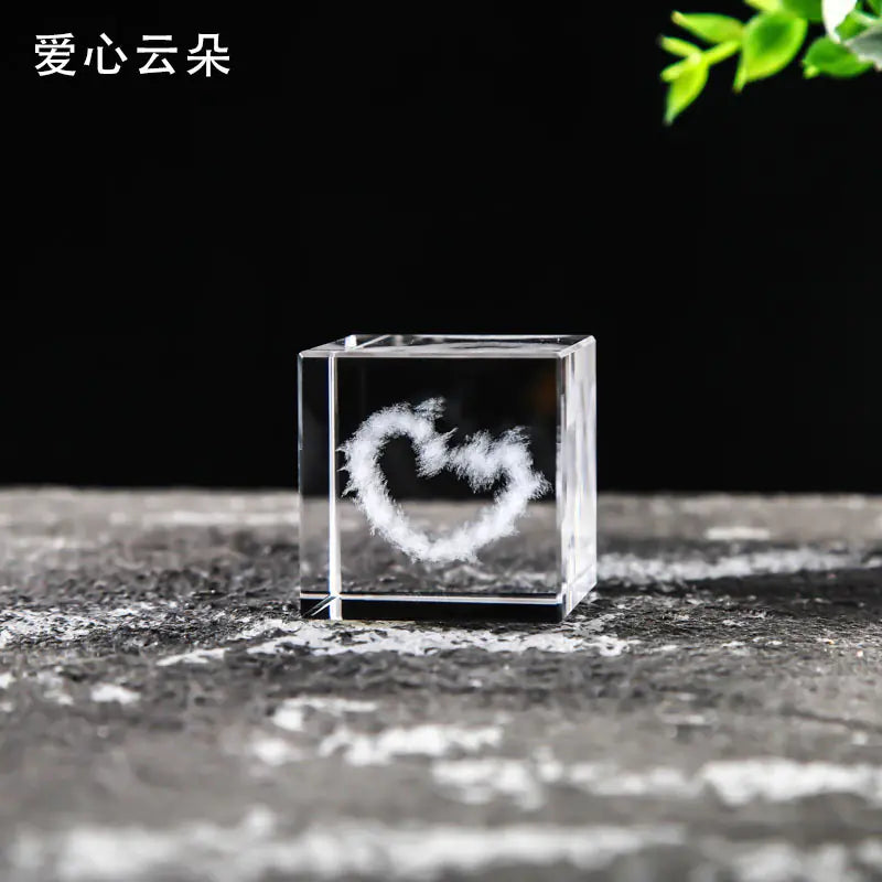 Crystal Cube with Inner Carving of Moon and Clouds