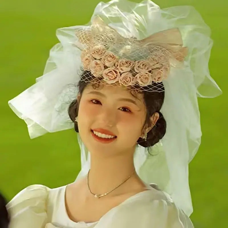 Vintage Pink Floral Bridal Hat Hair Accessory