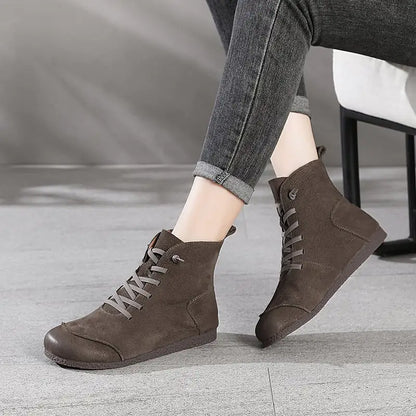 Retro Leather High-Top Women's Boots with Round Toe