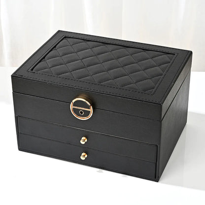 Luxury Diamond Pattern 3-Layer Jewelry Box with Lock