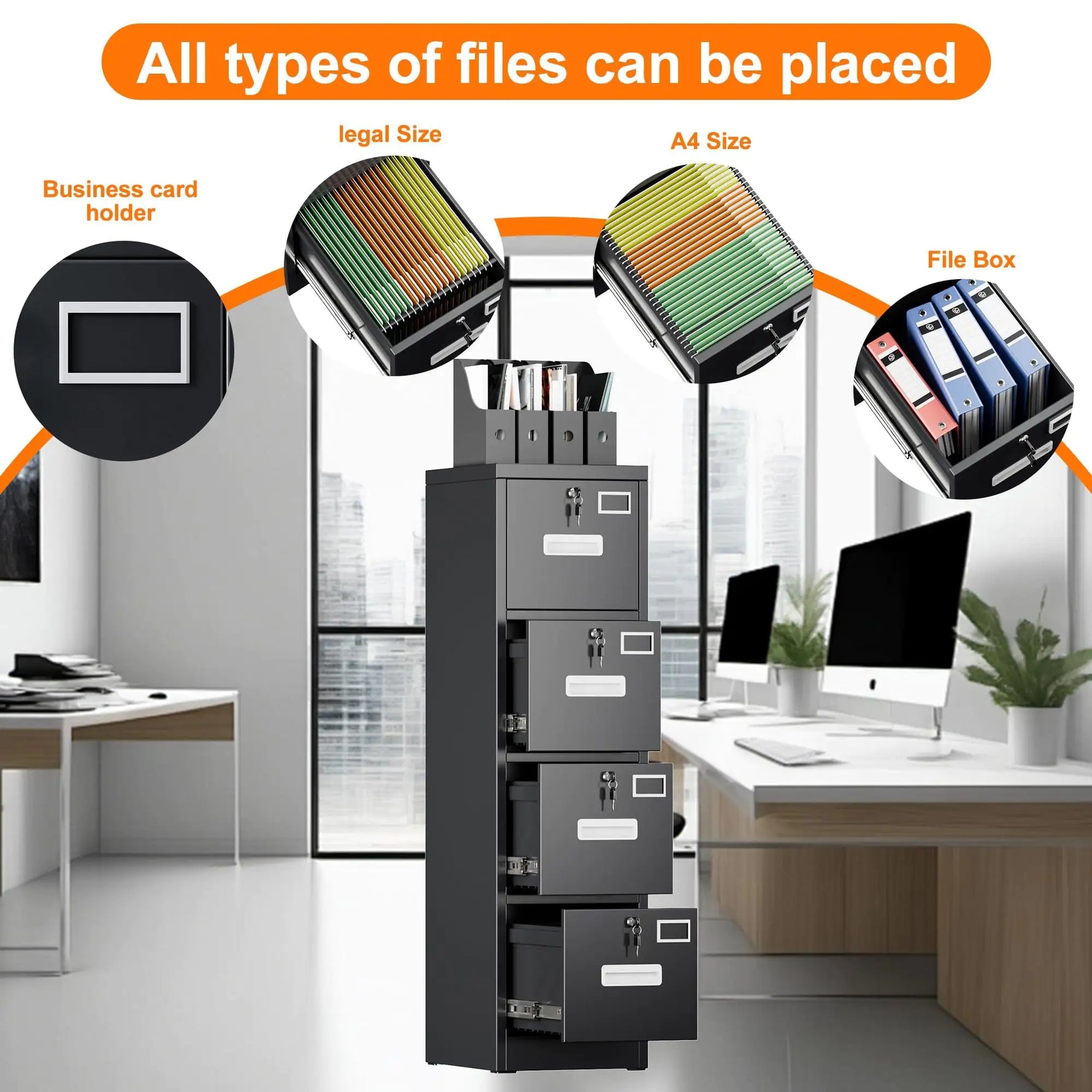 4 Drawer File Cabinet, Metal Vertical Black Filing Cabinets With Lock For Home Office With Name Card Holder For Letter,Legal,A4,F4 Size,Assemble Required