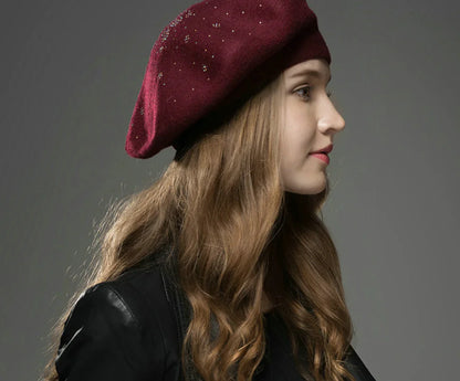 Fashionable Women's Warm Wool Beret with Rhinestones