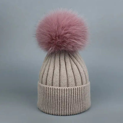 Warm Fox Fur Winter Hat with Ball for Women and Girls