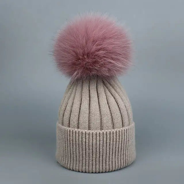 Warm Fox Fur Winter Hat with Ball for Women and Girls