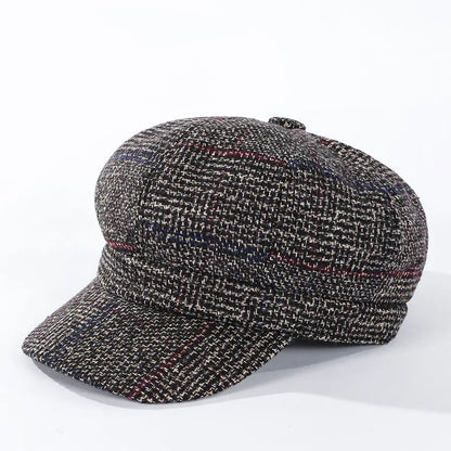 Thickened Plaid Woolen Octagonal Women's Cap