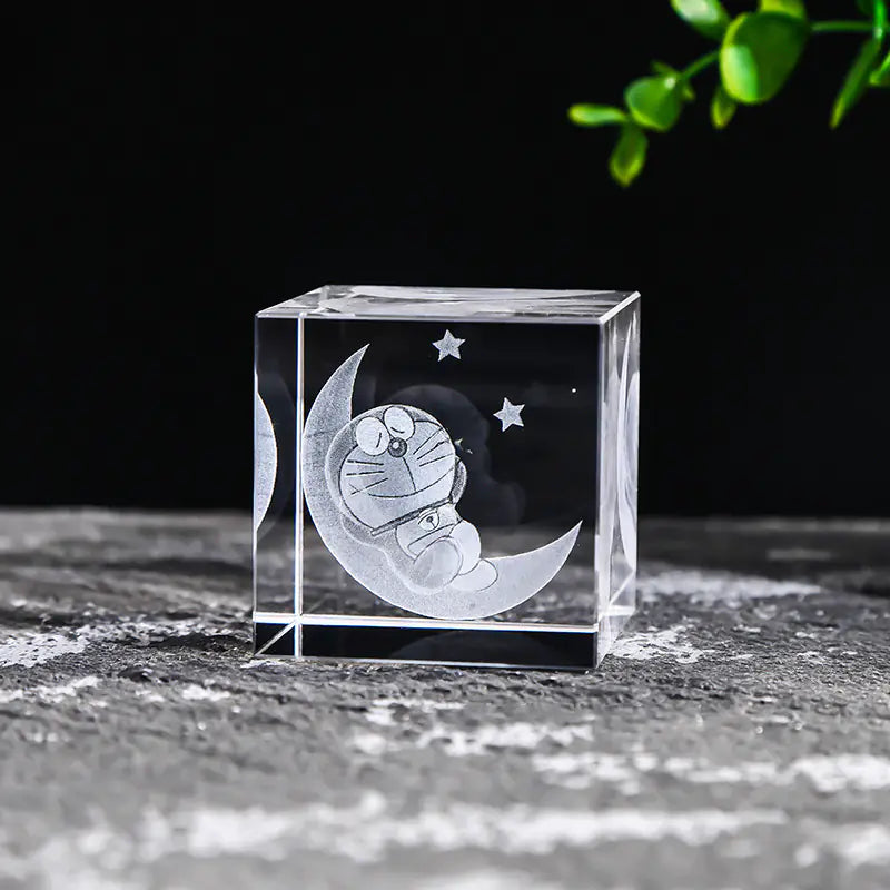 Crystal Cube with Inner Carving of Moon and Clouds