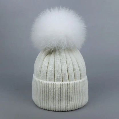Warm Fox Fur Winter Hat with Ball for Women and Girls