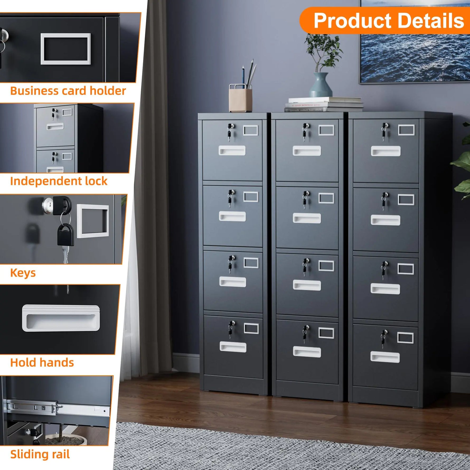 4 Drawer File Cabinet, Metal Vertical Black Filing Cabinets With Lock For Home Office With Name Card Holder For Letter,Legal,A4,F4 Size,Assemble Required