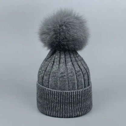 Warm Fox Fur Winter Hat with Ball for Women and Girls