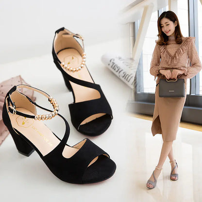 Summer New European Style Buckle Suede Heeled Sandals
