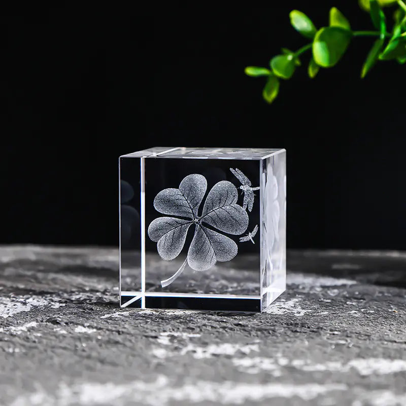 Crystal Cube with Inner Carving of Moon and Clouds
