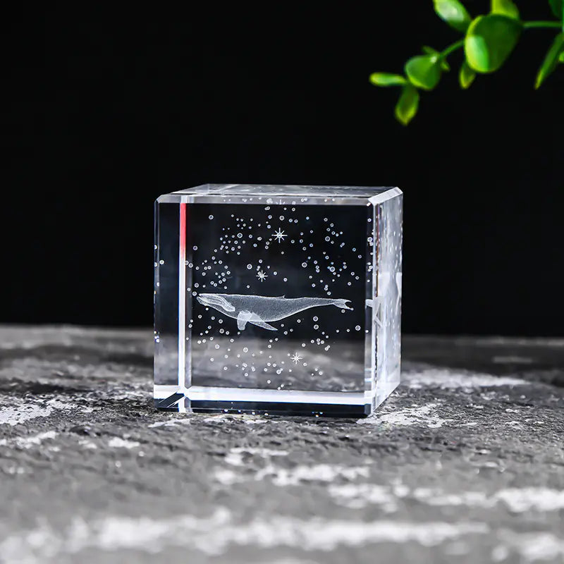 Crystal Cube with Inner Carving of Moon and Clouds