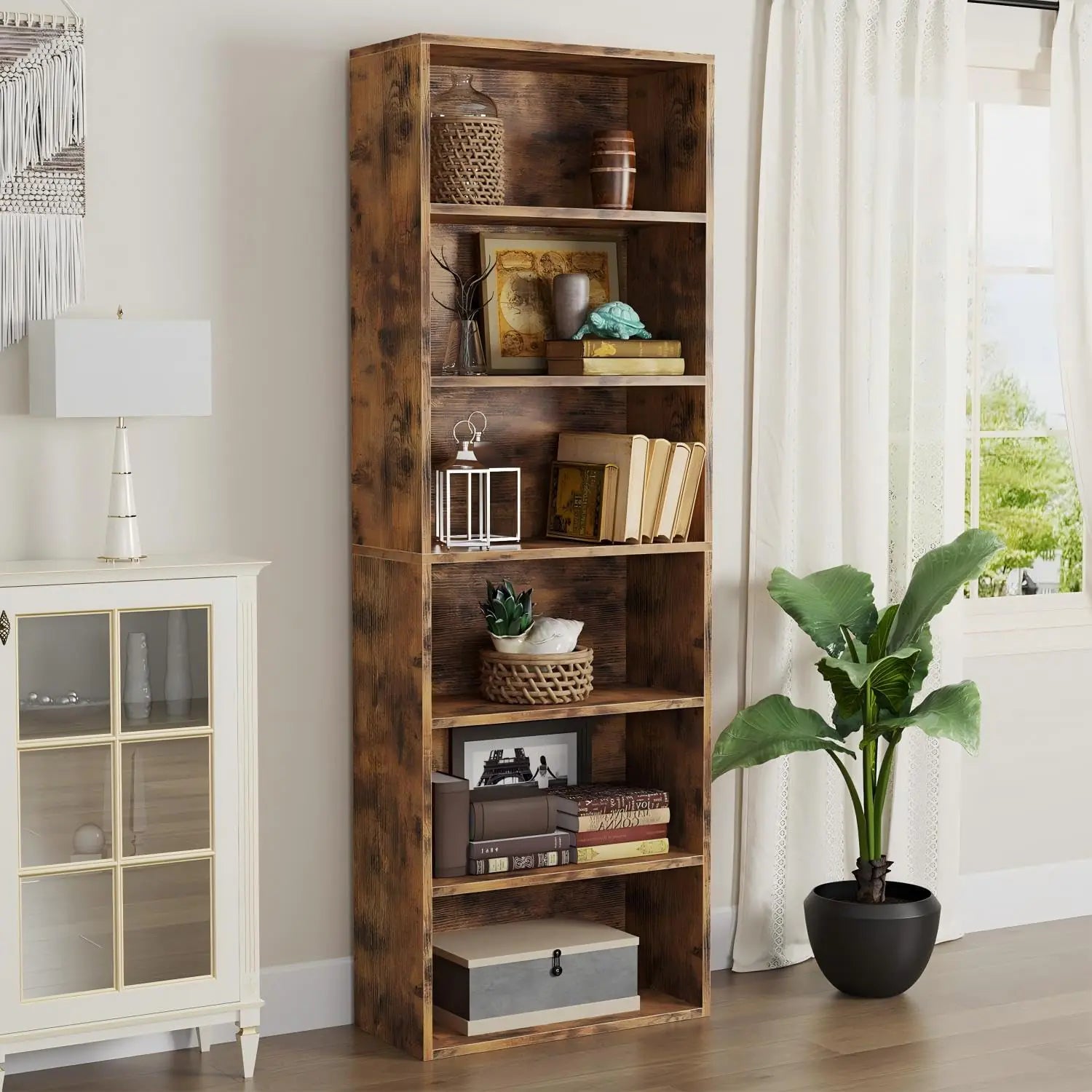 oneinmil 6 Tier Bookshelf and Bookcase Wooden Bookshelves with Cabinet Doors Floor Bookshelves and Office Storage Cabinets for Home Office Living RoomBrown