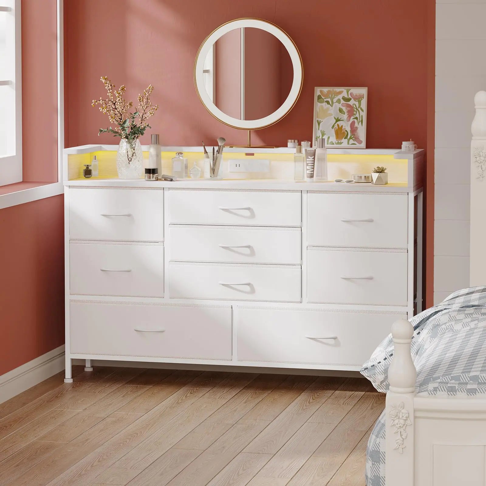 Fixwal White LED Dresser for Bedroom Dresser with 9 Drawers and Charging Station Fabric Chest of Drawers with PU Finish Entryway Living Room Hallway