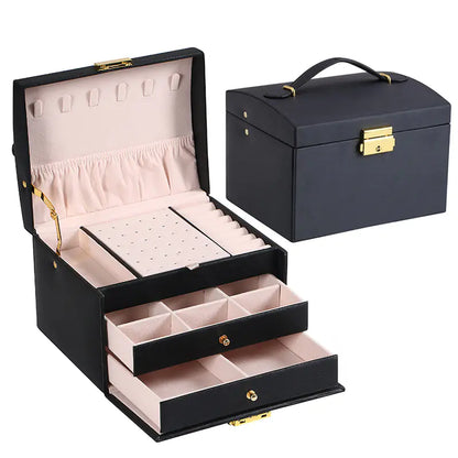 Minimalist 3-Tier Leather Jewelry Box with Lock