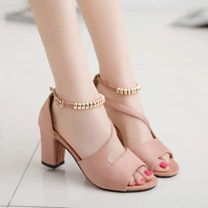 Summer New European Style Buckle Suede Heeled Sandals