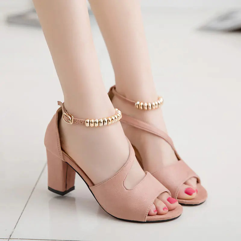 Summer New European Style Buckle Suede Heeled Sandals