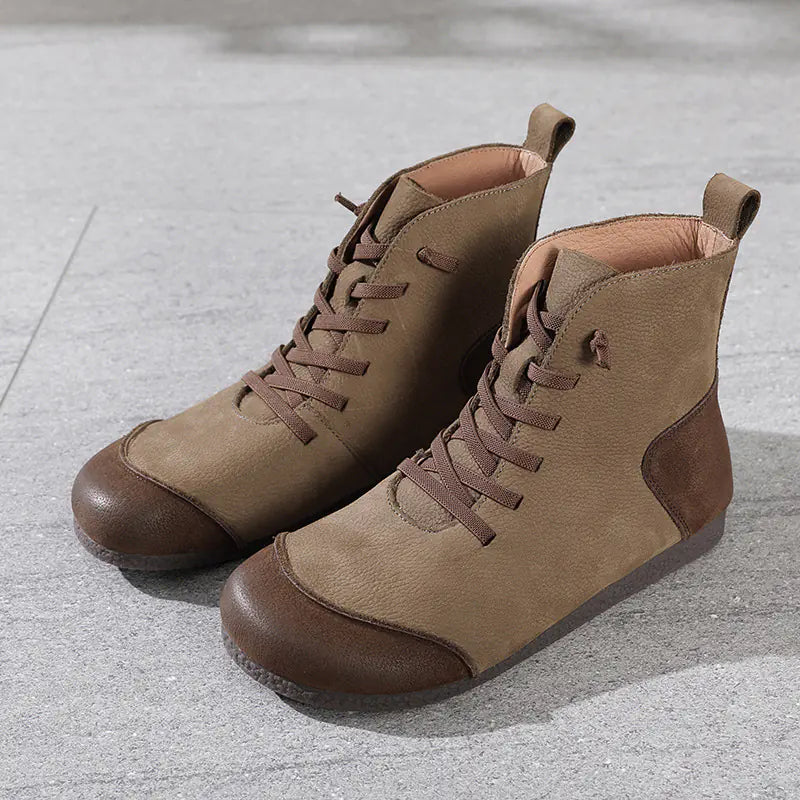 Retro Leather High-Top Women's Boots with Round Toe