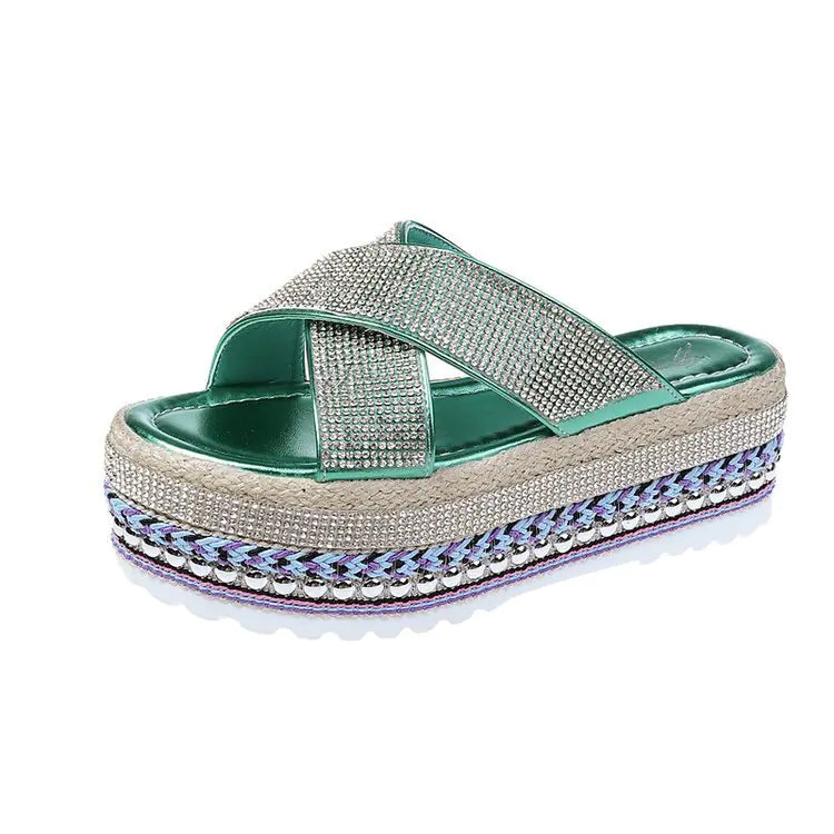 Rhinestone Waterproof Platform Toe Women's Slippers
