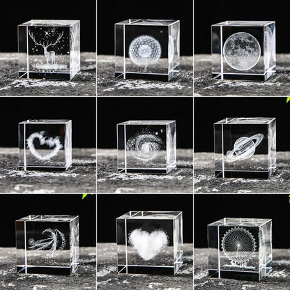 Crystal Cube with Inner Carving of Moon and Clouds