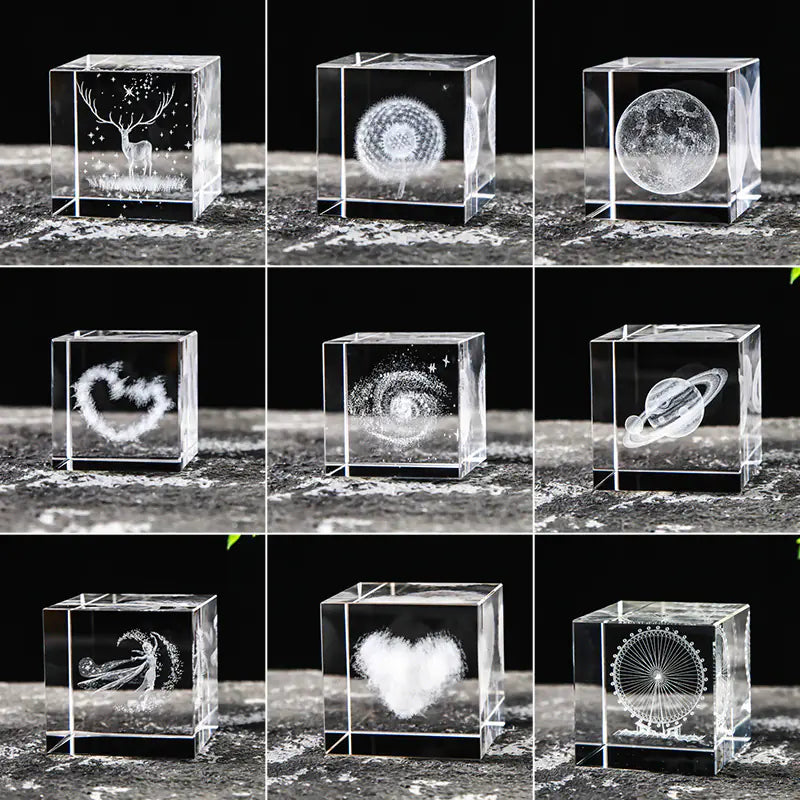 Crystal Cube with Inner Carving of Moon and Clouds