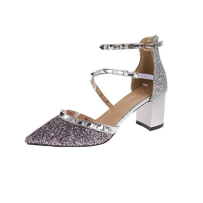 Summer Sequined Thick Heel Sexy Rivet Women's Heels