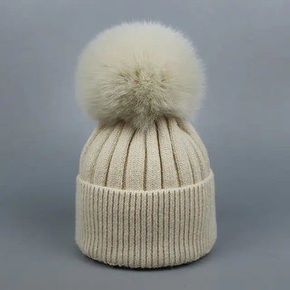 Warm Fox Fur Winter Hat with Ball for Women and Girls