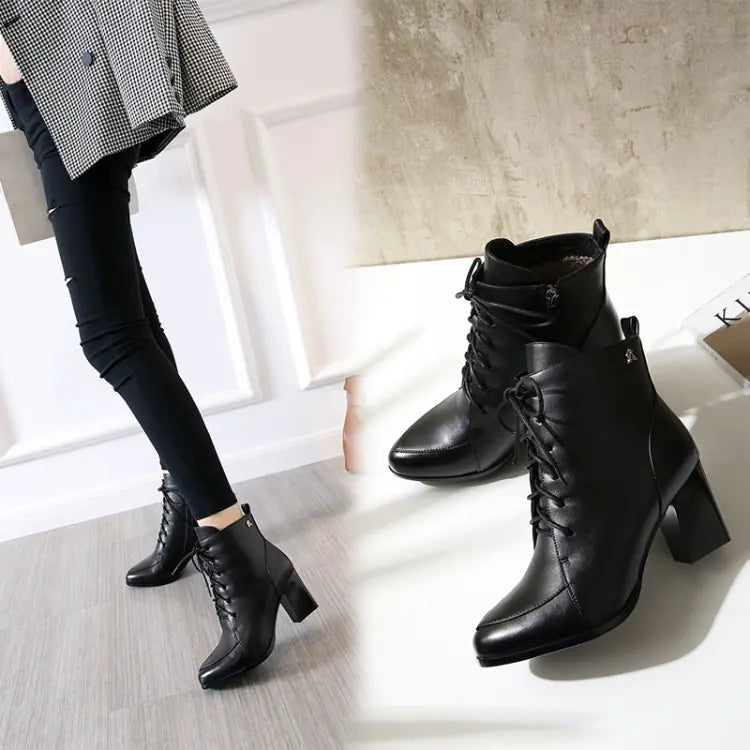 European Women's Pointed Toe Ankle Boots with Heels