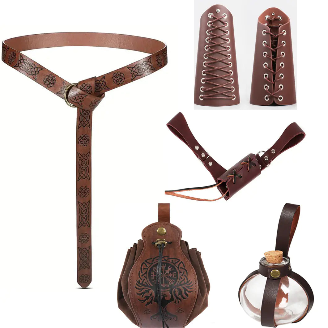 Medieval Renaissance Viking Leather Belt Accessories Set