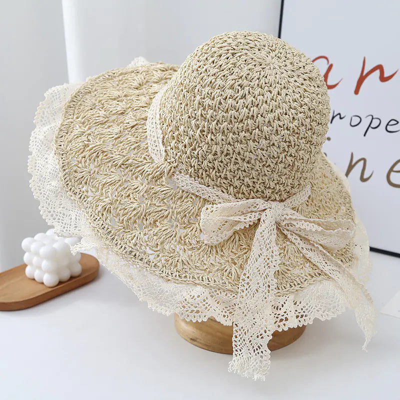 Women's Big Brim Beach Hat with Lace Strap and Bow