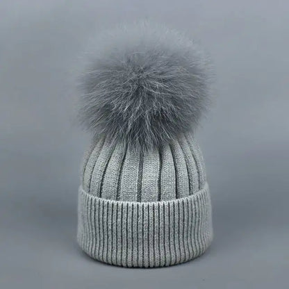 Warm Fox Fur Winter Hat with Ball for Women and Girls