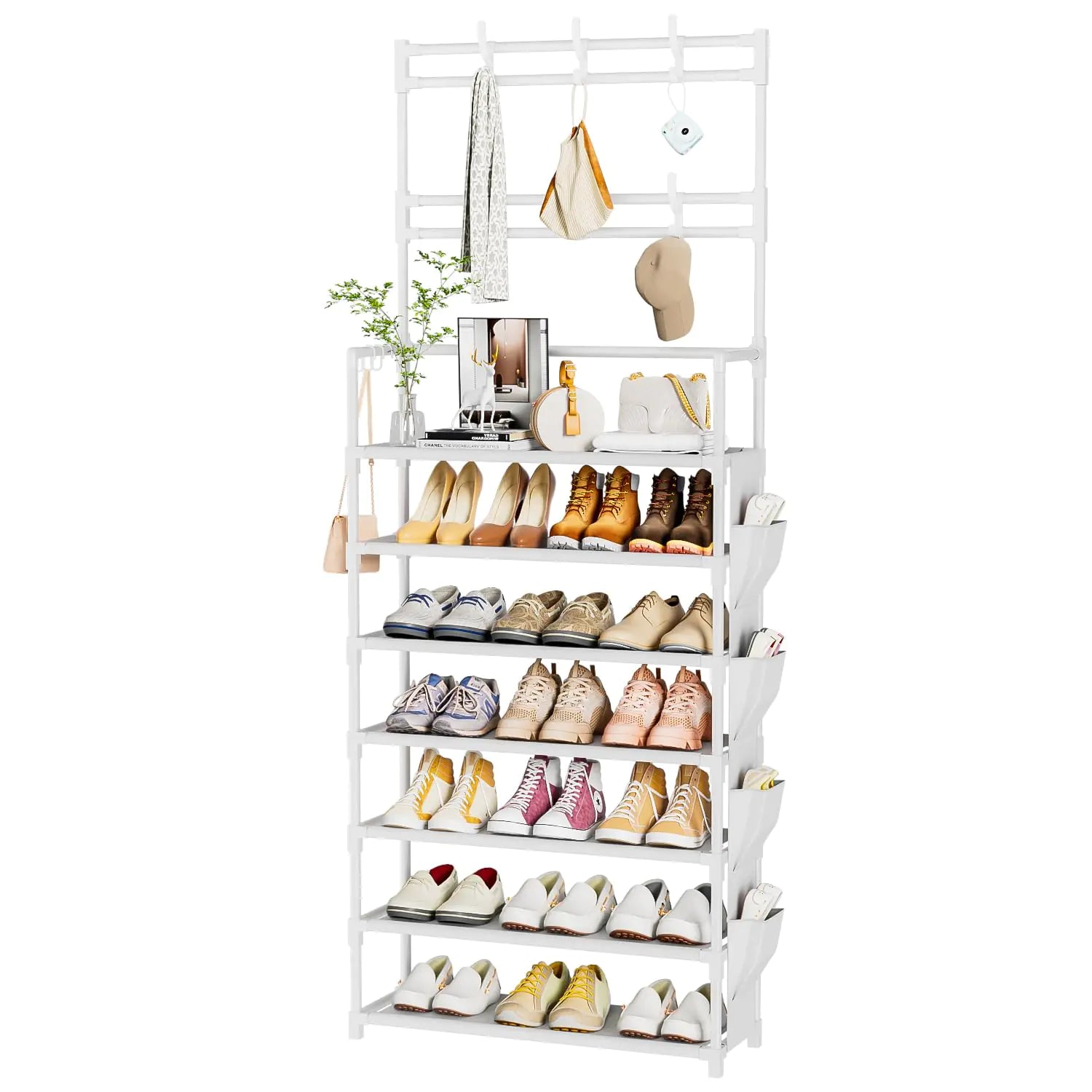 Shoe Rack 7 Tier Shoe Organizer Storage 21-28 Pairs of Shoes Closet Shoe Rack for Front Door Entrance Shoe Rack Organizer with Hooks Side Pocket Entryway Shoe Tower Large Capacity Shoe Shelf Garage