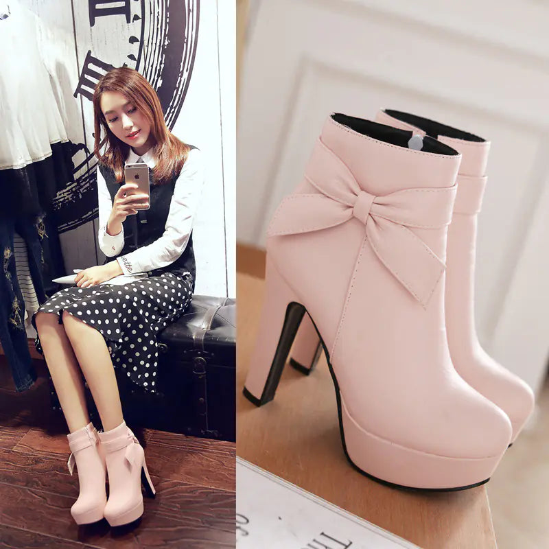 Bow Short Boots, Bow High Heels, Chunky Heeled Boots
