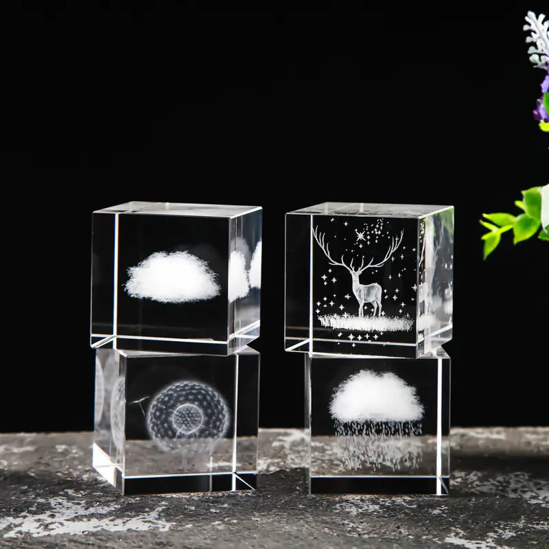 Crystal Cube with Inner Carving of Moon and Clouds