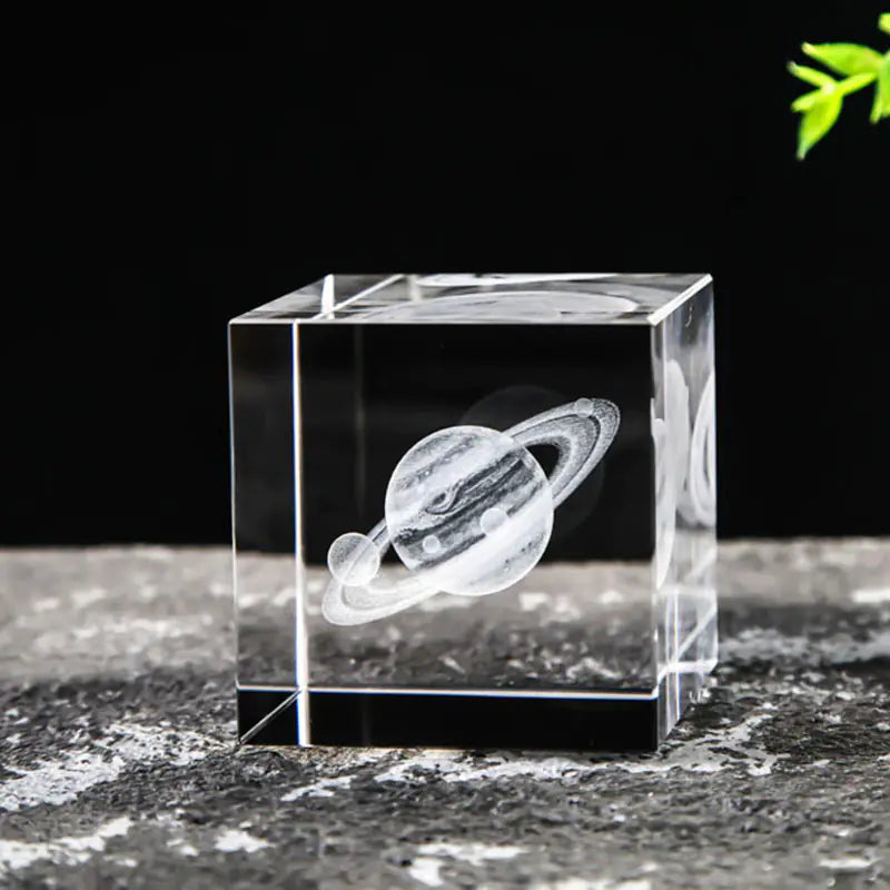 Crystal Cube with Inner Carving of Moon and Clouds