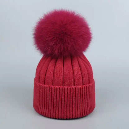 Warm Fox Fur Winter Hat with Ball for Women and Girls