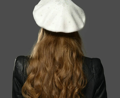 Fashionable Women's Warm Wool Beret with Rhinestones