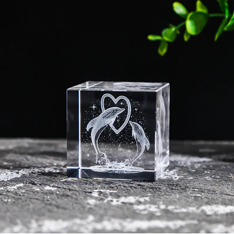 Crystal Cube with Inner Carving of Moon and Clouds