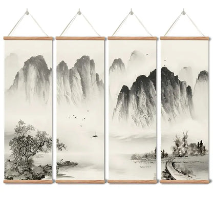 4-Piece Set Black and White Landscape Oil Paintings