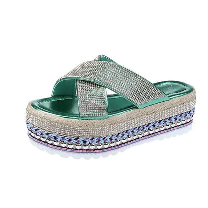 Rhinestone Waterproof Platform Toe Women's Slippers