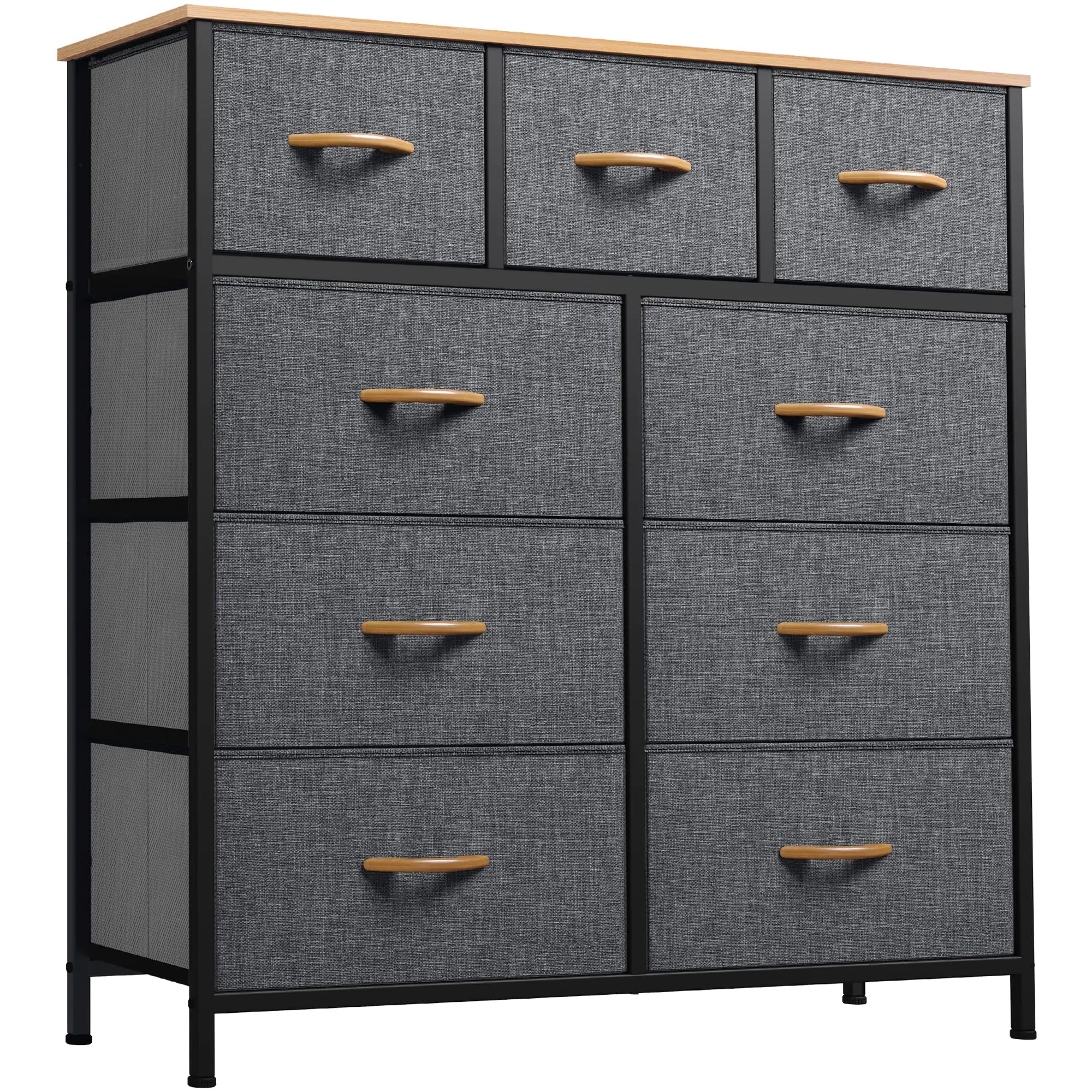 Dresser for Bedroom with 9 Drawers Fabric Storage Dresser Closet Dresser & Chest of Drawers for Living Room Closets - Sturdy Steel Frame Wooden Top & Easy Pull Fabric Bins(Dark Grey)