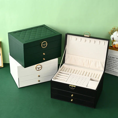 Luxury Diamond Pattern 3-Layer Jewelry Box with Lock