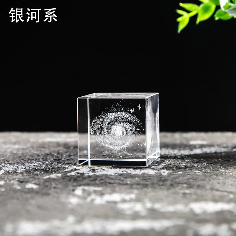 Crystal Cube with Inner Carving of Moon and Clouds